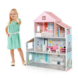 NNECW Wooden Pretend Play Doll House with Fully-Furnished Design