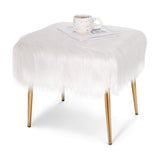 NNECW Square Furry Ottoman Seat with Golden Metal Legs-White