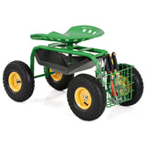 NNECW Rolling Garden Cart With Tool Tray Work Seat For Gardening-Green