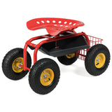 NNECW Rolling Garden Cart With Tool Tray Work Seat For Gardening-Red