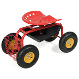 NNECW Rolling Garden Cart With Tool Tray Work Seat For Gardening-Red