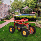 NNECW Rolling Garden Cart With Tool Tray Work Seat For Gardening-Red