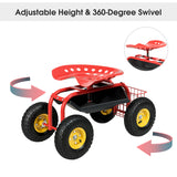 NNECW Rolling Garden Cart With Tool Tray Work Seat For Gardening-Red