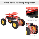 NNECW Rolling Garden Cart With Tool Tray Work Seat For Gardening-Red