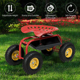 NNECW Rolling Garden Cart With Tool Tray Work Seat For Gardening-Red