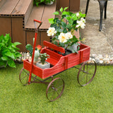 NNECW Wood Wagon Planter with Adjustable Handle-Red