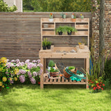 NNECW Wooden Potting Bench Table with Tiers of Shelves for Garden