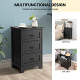 NNECW 3-Drawer Vintage Bedside Table with Metal Handles &amp Anti-toppling Device-Black