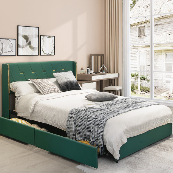 NNECW Full/Queen Size Upholstered Bed Frame with 4 Drawers-Green-Full