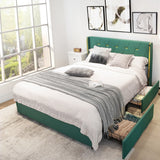 NNECW Full/Queen Size Upholstered Bed Frame with 4 Drawers-Green-Queen