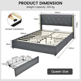 NNECW Full/Queen Size Upholstered Bed Frame with 4 Drawers-Grey-Queen