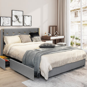 NNECW Full/Queen Size Upholstered Bed Frame with 4 Drawers-Silver-Full