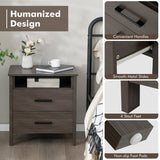 NNECW Modern Wood Grain Nightstand with Cable Hole &amp Open Compartment &amp 2 Drawers-Coffee