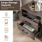 NNECW Modern Wood Grain Nightstand with Cable Hole &amp Open Compartment &amp 2 Drawers-Coffee