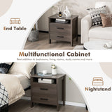 NNECW Modern Wood Grain Nightstand with Cable Hole &amp Open Compartment &amp 2 Drawers-Coffee
