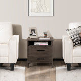 NNECW Modern Wood Grain Nightstand with Cable Hole &amp Open Compartment &amp 2 Drawers-Coffee