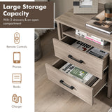 NNECW Modern Wood Grain Nightstand with Cable Hole &amp Open Compartment &amp 2 Drawers-Natural