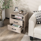 NNECW Modern Wood Grain Nightstand with Cable Hole &amp Open Compartment &amp 2 Drawers-Natural
