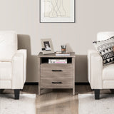NNECW Modern Wood Grain Nightstand with Cable Hole &amp Open Compartment &amp 2 Drawers-Natural