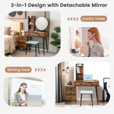 NNECW Dressing Table Stool Set with LED Makeup Mirror for Bedroom-Coffee