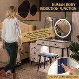 NNECW Dressing Table Stool Set with LED Makeup Mirror for Bedroom-White