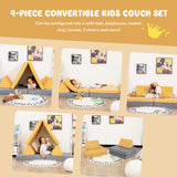 NNECW 4-Piece Convertible Kids Couch with 2 Folding Mats for Toddler-Yellow