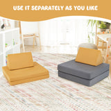 NNECW 4-Piece Convertible Kids Couch with 2 Folding Mats for Toddler-Yellow