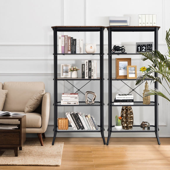 NNECW 5-tier Bookshelf with Steel Frame for Living Room