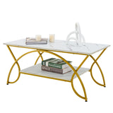 NNECW 100CM 2-Tier Coffee Table with Faux Mable Top & Steel Legs