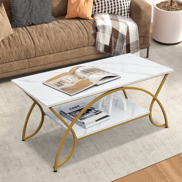 NNECW 100CM 2-Tier Coffee Table with Faux Mable Top & Steel Legs