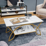NNECW 100CM 2-Tier Coffee Table with Faux Mable Top & Steel Legs