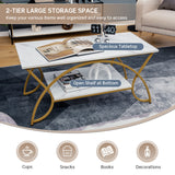 NNECW 100CM 2-Tier Coffee Table with Faux Mable Top & Steel Legs