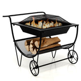 NNECW Outdoor Wood Burning Fire Pit with Firewood Rack & Handle & Wheels