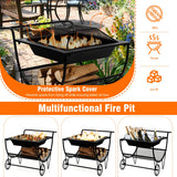 NNECW Outdoor Wood Burning Fire Pit with Firewood Rack & Handle & Wheels