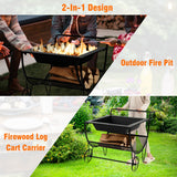 NNECW Outdoor Wood Burning Fire Pit with Firewood Rack & Handle & Wheels