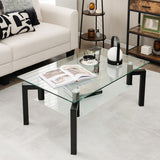 NNECW 2-Tier Rectangular Glass Coffee Table with Tempered Glass Tabletop