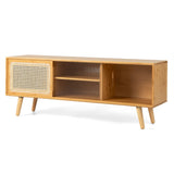 NNECW Bamboo Entertainment Center with Rattan & Tempered Glass Sliding Doors