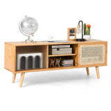 NNECW Bamboo Entertainment Center with Rattan & Tempered Glass Sliding Doors