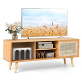 NNECW Bamboo Entertainment Center with Rattan & Tempered Glass Sliding Doors
