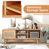 NNECW Bamboo Entertainment Center with Rattan & Tempered Glass Sliding Doors