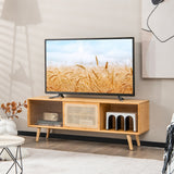 NNECW Bamboo Entertainment Center with Rattan & Tempered Glass Sliding Doors