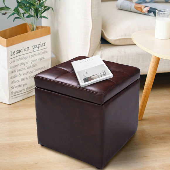 NNECW 40cm PU Leather Cube Storage Ottoman with Lid-Brown