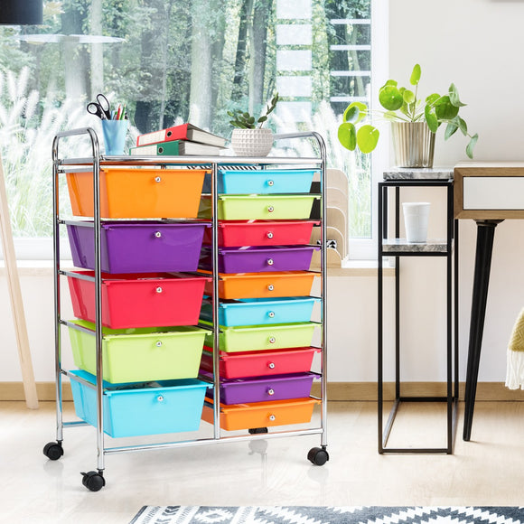 NNECW 15 Drawer Rolling Storage Cart with Wheels for Home Office-Macaroon