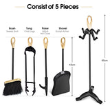 NNECW 5 Pieces Iron Fireplace Set with Broom & Shovel & Poker & Tongs & Stand