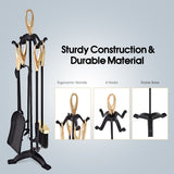 NNECW 5 Pieces Iron Fireplace Set with Broom & Shovel & Poker & Tongs & Stand