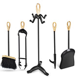 NNECW 5 Pieces Iron Fireplace Set with Broom & Shovel & Poker & Tongs & Stand