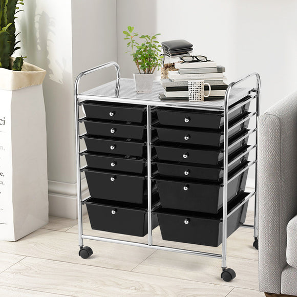 NNECW Movable 12-Drawer Storage Trolley with 2 lockable for Home Office Black