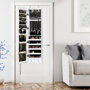 NNECW Lockable LED Mirror Jewelry Cabinet with Full Screen Mirror for Bedroom-White