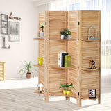NNECW 4-Panel Portable Room Divider with Removable Storage Shelves-Brown