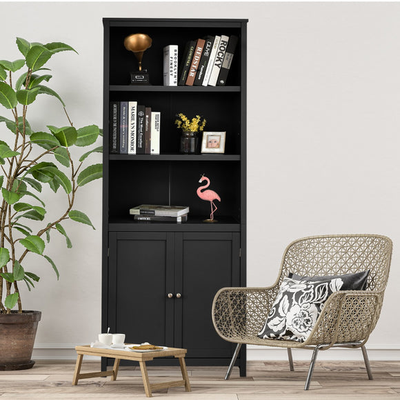 NNECW 3-Shelf Bookcase with Double Doors & Adjustable Shelves & Cabinet-Black